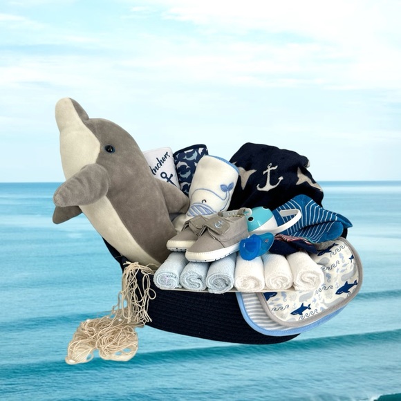 Dolphin Newborn Baby Gift Basket, Nautical Theme